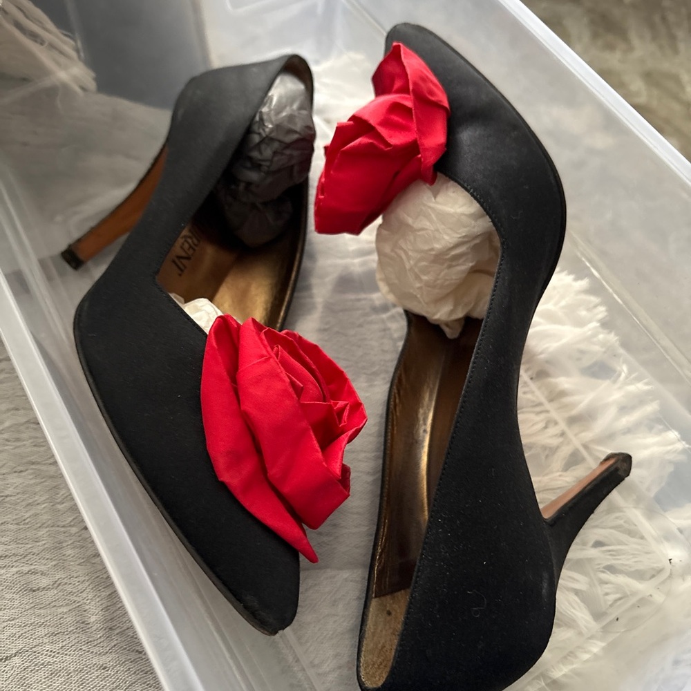 YSL vintage Elegant Black Heels with Red Floral Accent